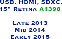  USB, HDMI, SDXC.
15” Retina A1398

Late 2013
Mid 2014
Early 2015